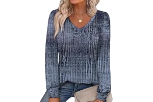 Alaroo Womens Long Sleeve Shirts Pleated V Neck Curved Hem Fall Winter Tunic Tops Blouses Print