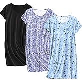 Ekouaer Cotton Nightgowns for Women 3 Pack Sleepshirts Short Sleeve Night Shirt Tshirt Night Gown Soft Sleepwear Print Sleep Dress Purple Floral/Black/Blue Moon XXX-Large
