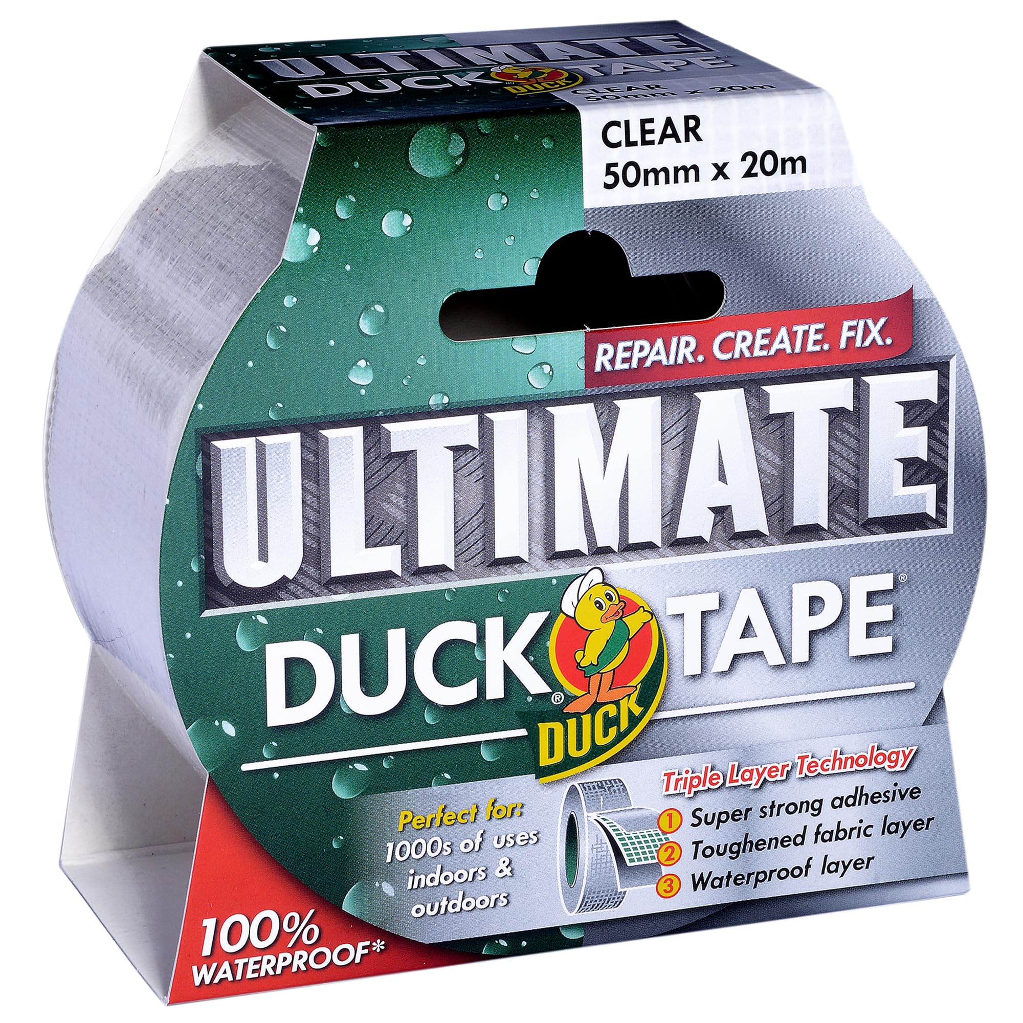 Duck Tape Ultimate Cloth Tape Clear 50mm x 20m. The ultimate high strength waterproof gaffer and duct adhesive cloth repair tape