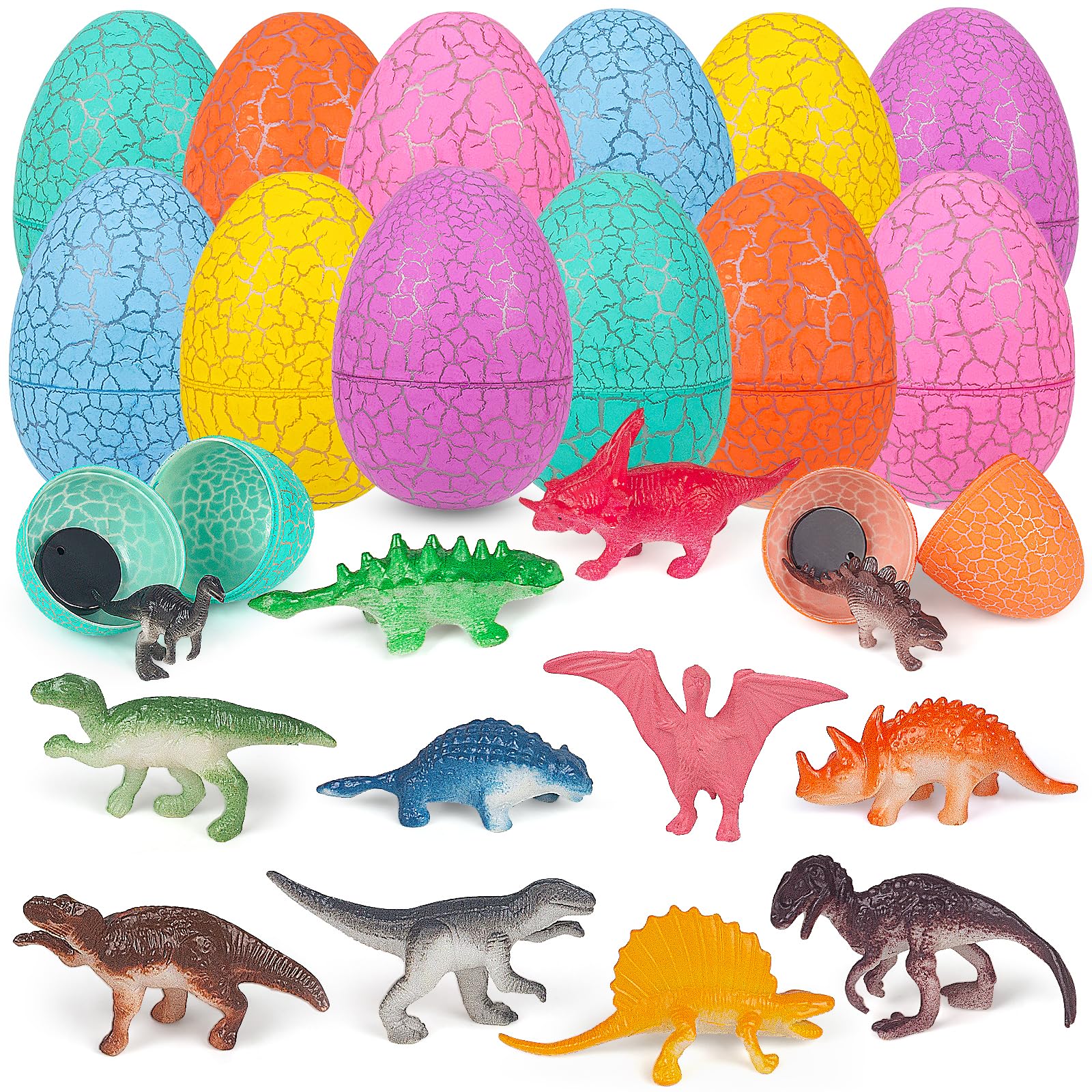 Maliyscent Easter Eggs Filled with Dinosaur Toys Fillers Plastic Surprise Eggs Easter Basket Stuffers Party Favors for Kids Boys Girls Toddlers 12 Pack