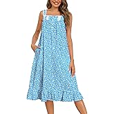 SWOMOG Cotton Nightgowns for Women Sleeveless Button Down Night Gown Soft Victorian Nightdress House Dress with Pockets