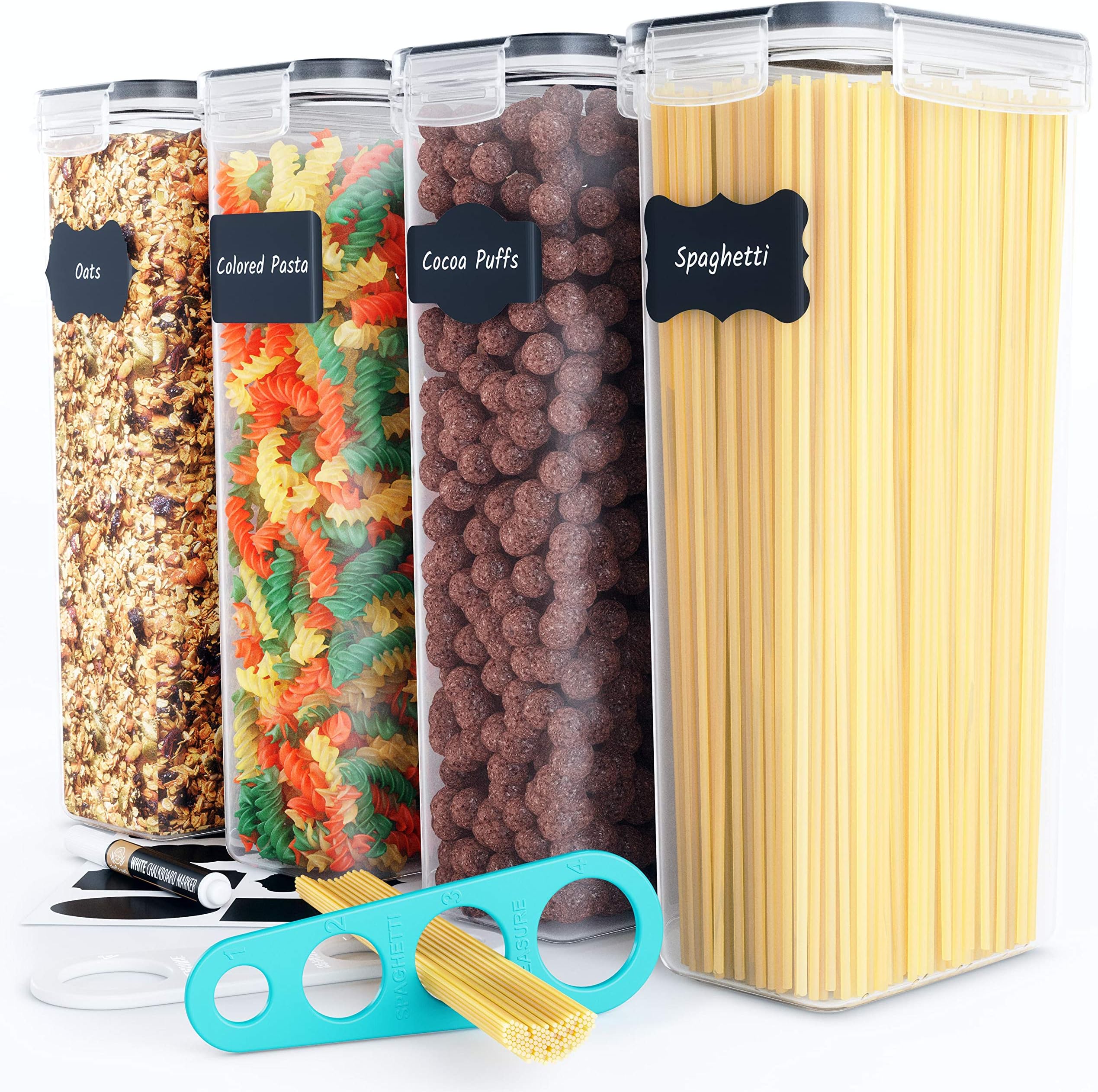 Chef's PathAirtight Food Storage Containers (Set of 4, 2.8L) - Tall for Pantry & Kitchen Organization, Pasta, Spaghetti, Noodles, Cereal - Lids, Noodle Measure and Reusable Labels Included