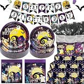 160Pcs Night Before Christmas Birthday Decorations Night Before Christmas Party Supplies Halloween Birthday Banner Spooky Skeleton Decorations Tableware for Halloween Party Decor