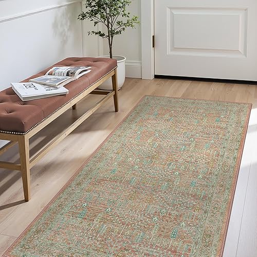 GENIMO Persian Hallway Runner, 80 X 150 cm Corridor Area Rugs Long Floor Carpet Hall Kitchen Bathroom Washable, Vintage Pink Teal