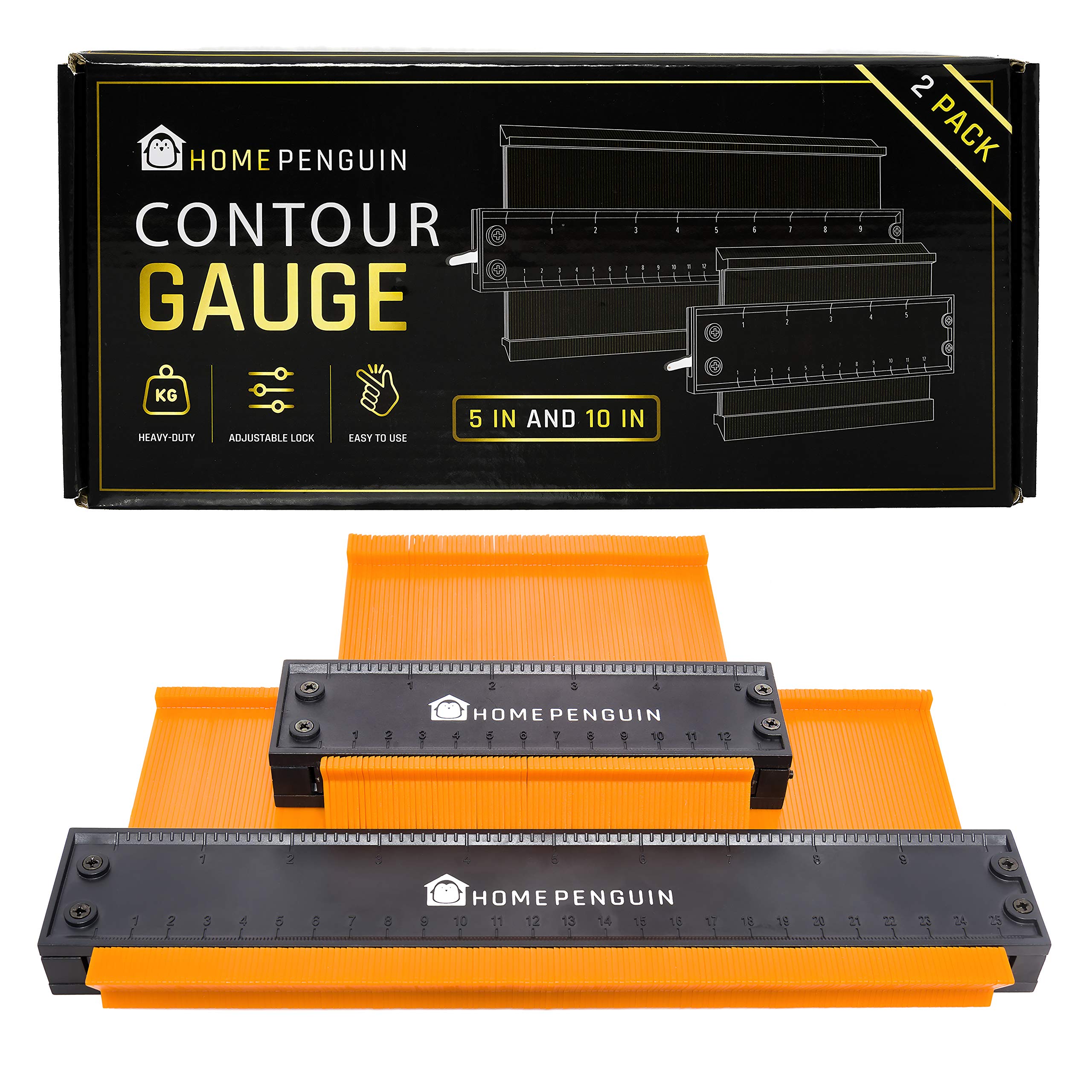 Contour Gauge with Lock - Profile Tool - Duplicator for Precise Irregular Shape Measuring - Must Have Angle Ruler Tools for Construction, Carpenter & Woodworking 10" + 5” set - Home Penguin