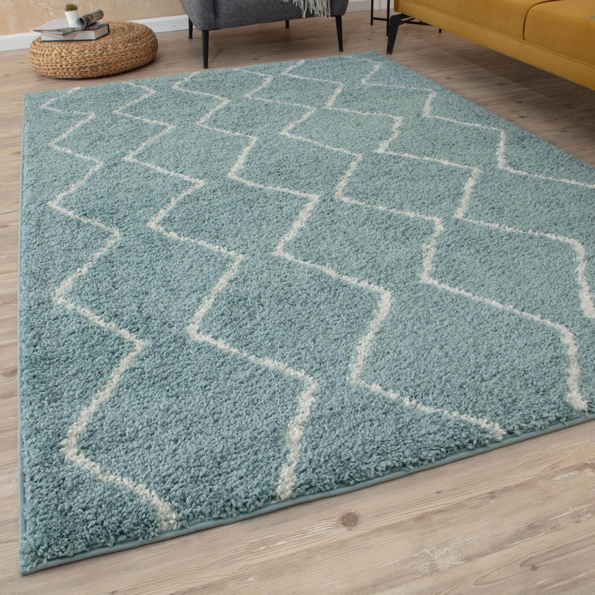 THE RUGS Modern Moroccan Design Living Room and Bedroom Rugs, Non-Shedding & Easy Care (Boho Duck Egg Blue/Ivory, 120 cm Square)