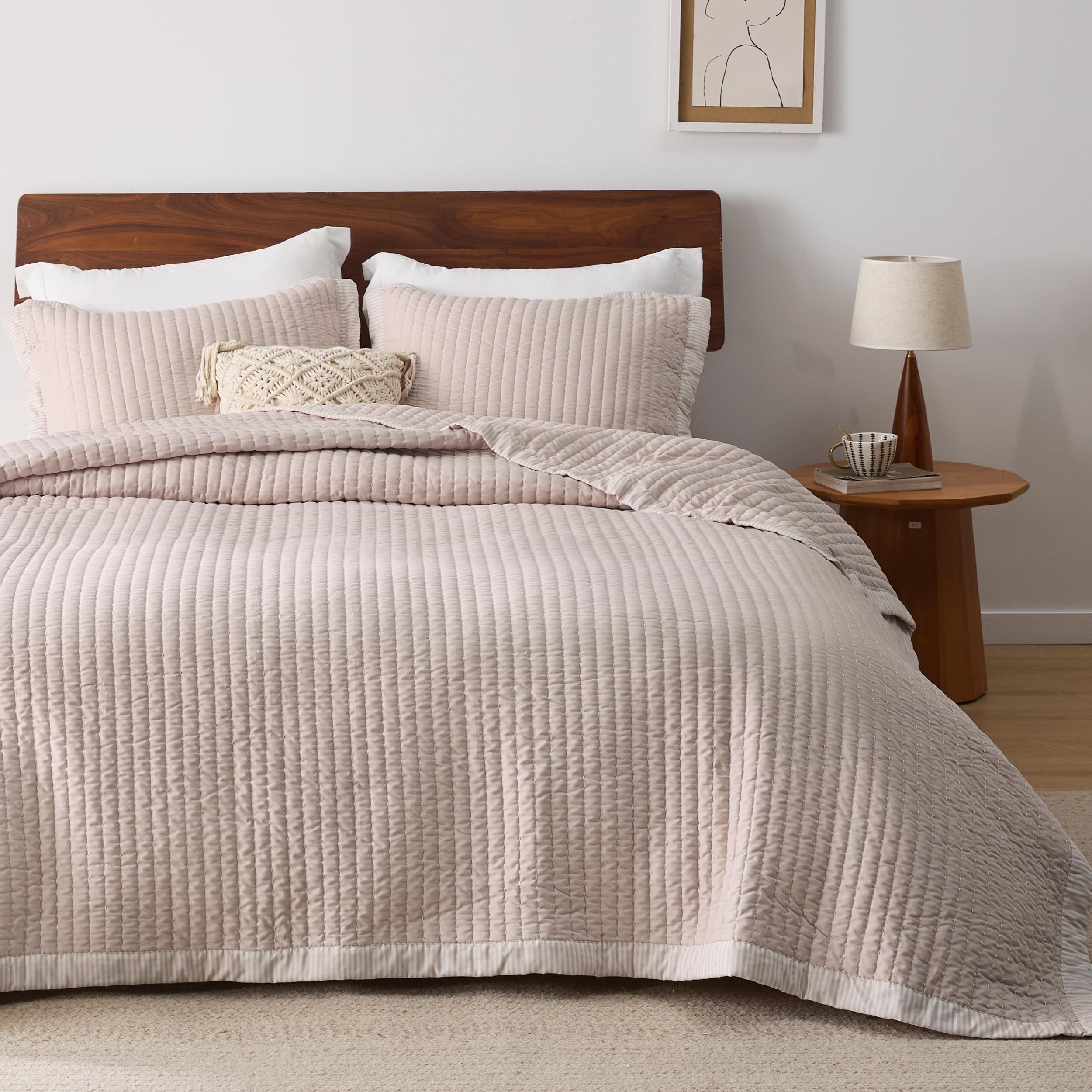 Photo 1 of Bedsure Pink Quilts King Size - King Quilt Bedding Set Bedspread Coverlet, Lightweight Corduroy Pattern Bedspread, 3-Piece Set with 106"x96" Coverlet & 2 Pillow Shams, All-Season Soft Microfiber