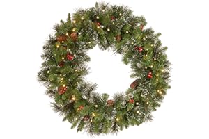 National Tree Company 30 in Pre-Lit Crestwood Spruce Artificial Christmas Wreath, Christmas Decoration with Glitter, Pinecones, Red Berries, 70 Clear Lights, 200 Tips, Green
