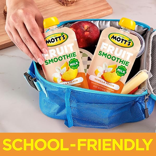 MOTT’S FRUIT SMOOTHIES VANILLA PEACH, 4.2 OZ CLEAR POUCHES, 8 PACK, MADE WITH MILK, MADE WITH REAL FRUIT, GOOD SOURCE OF CALCIUM, ON-THE-GO