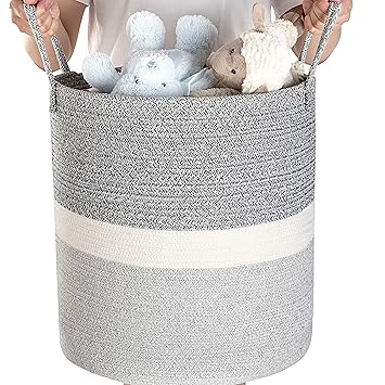 Amazon Com Large Woven Storage Basket For Living Room Blanket Laundry Clothes Or Kids Toys Decorative Cotton Rope Basket Playroom Storage Tote Bins Tall Round Baskets For Organization 16 D