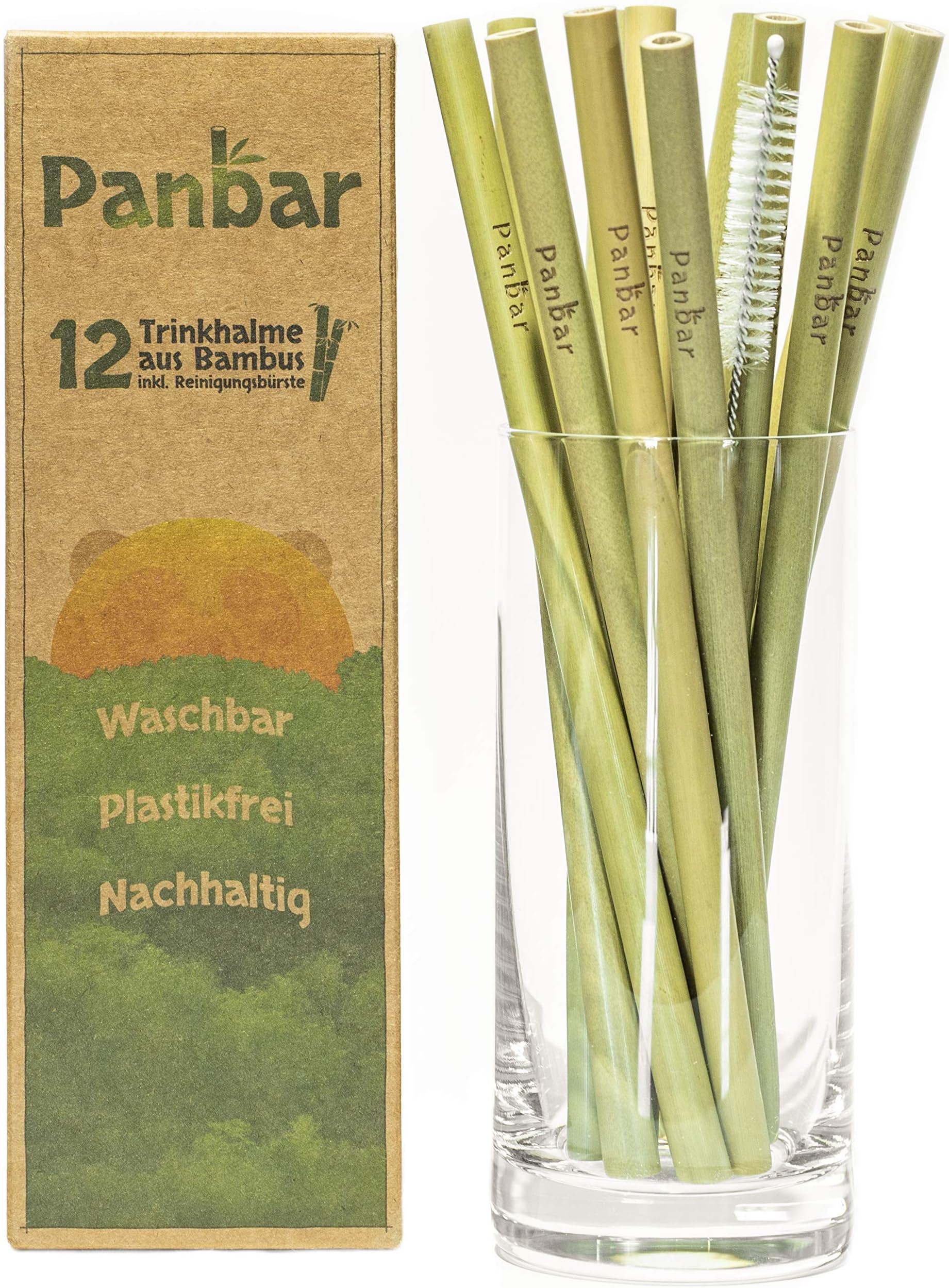 Panbar drinking straws made of 100% bamboo, straws sustainable and reusable, pack of 12, includes cleaning brush