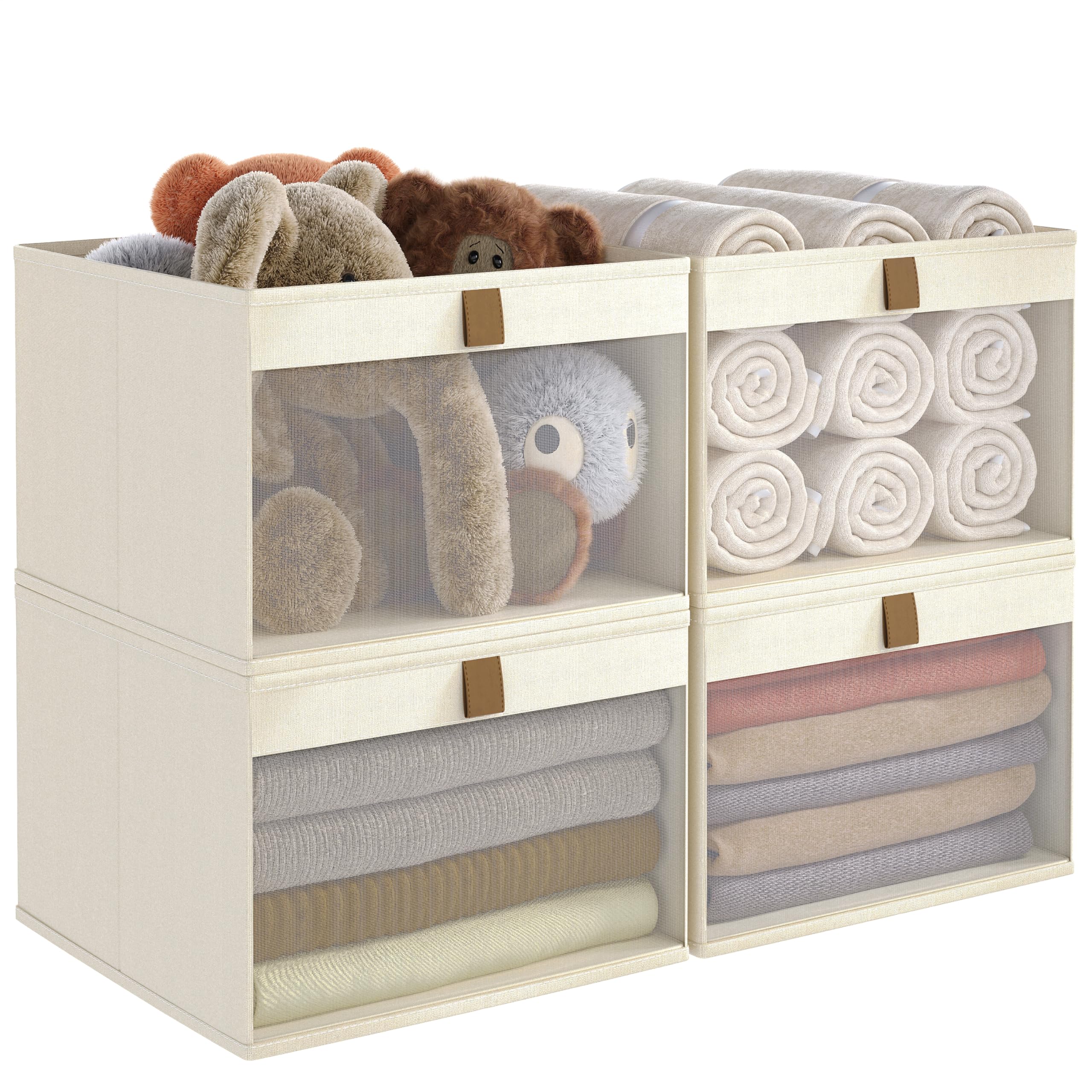 Photo 1 of Linen Closet Organizers and Storage, Closet Storage Bins Basket Organizer, Foldable Organization Baskets with Mesh Window for Clothes Towels and Toys, 12.75" x 12.75" x 9", Beige, 4 pack