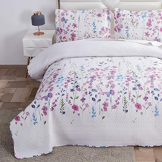 Summer Lightweight Thin Floral Quilts Queen/Full Size,Purple Blue Lilac