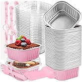 LOKQING 50 Pack Mini Cake Pans with Lids and Spoons Small Aluminum Foil Pans Square Baking Cups Disposable Ramekins Cupcake Liners for Brownie Pie (Pink, 5 oz)