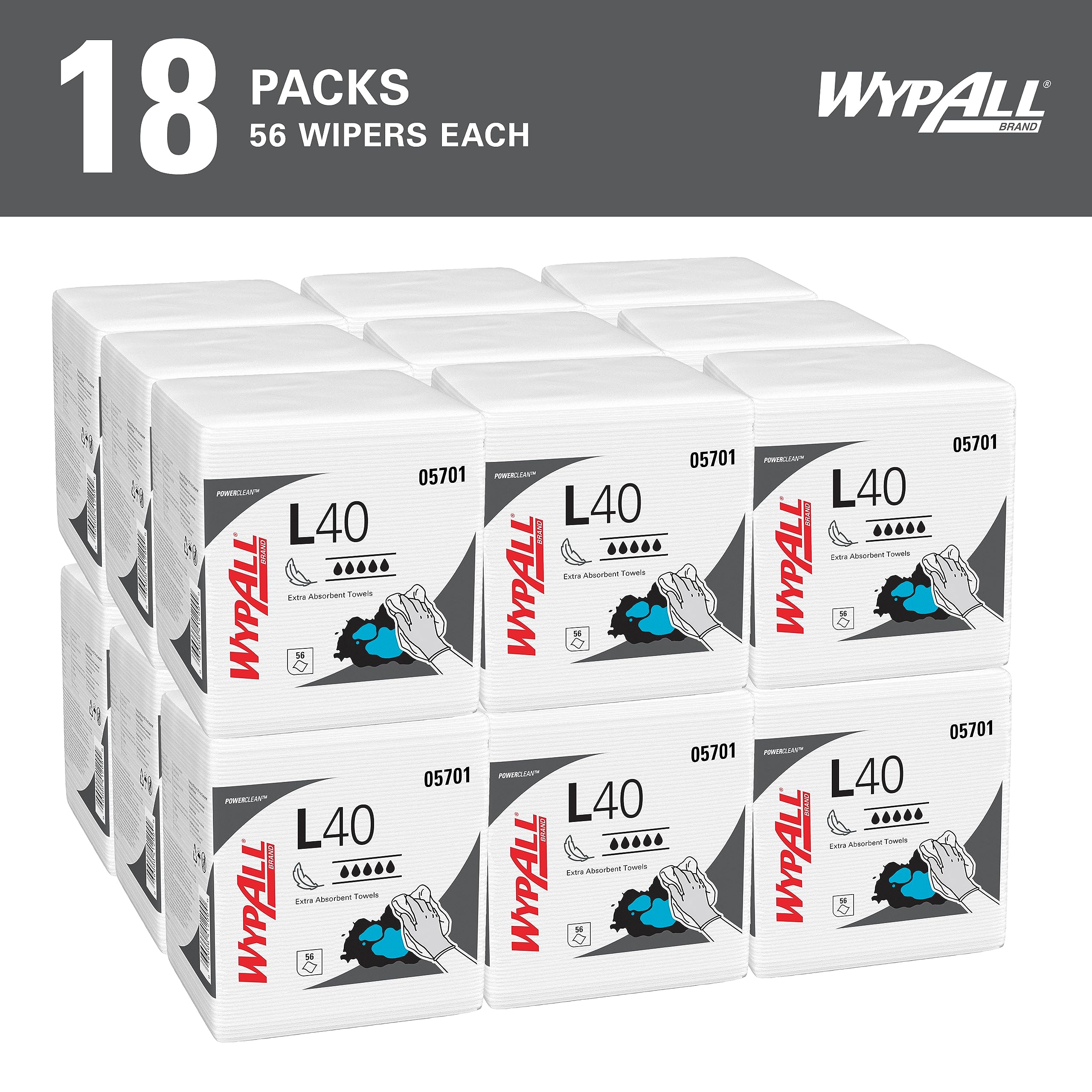 Wypall PowerClean L40 Cloths Extra Absorbent Wipes (05701), Quarterfold, Bulk Paper Wipers, White (18 Packs of 56 Sheets, 1,008 Sheet Total)
