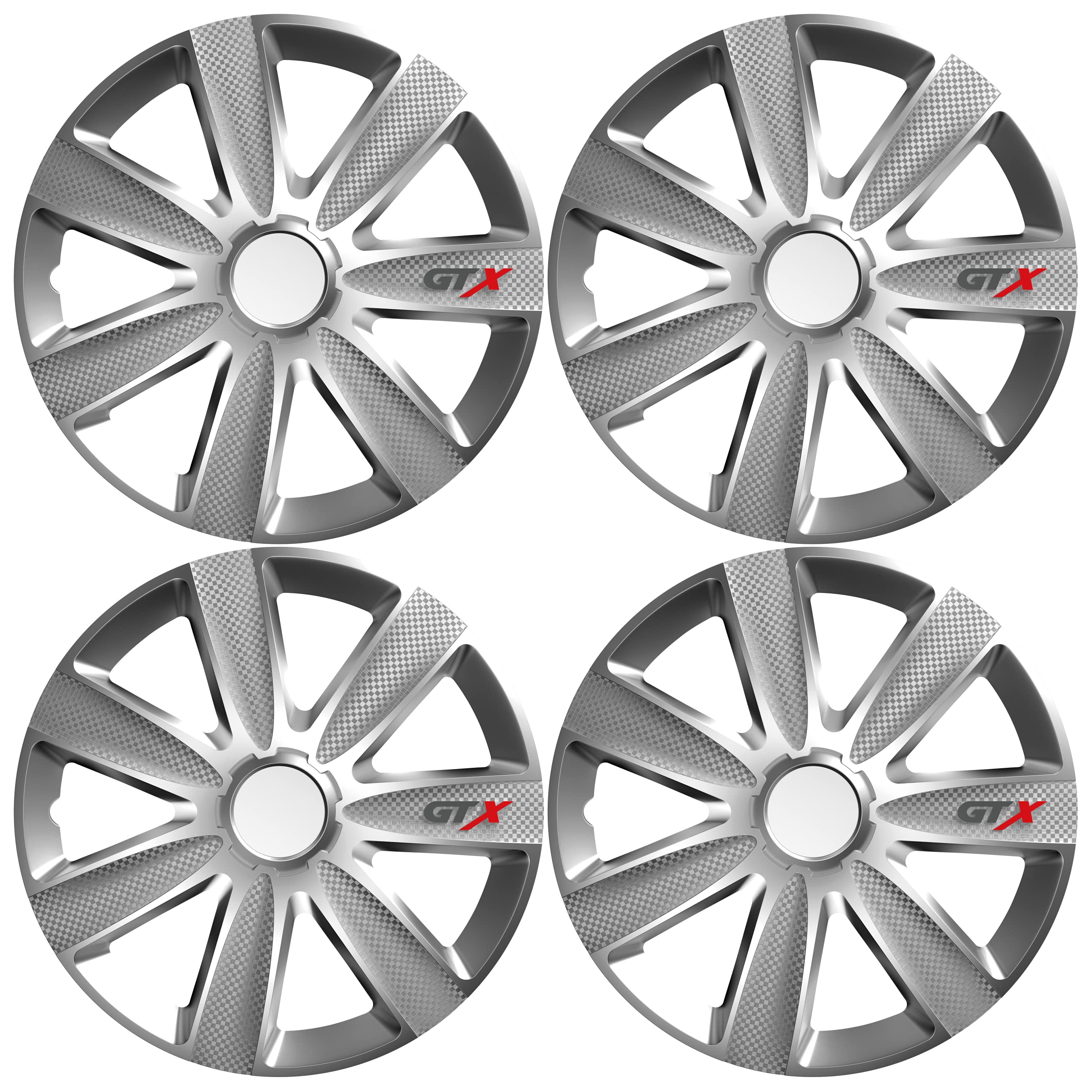 Versaco Car Wheel Trims, GTX Carbon, 15 Inch Set of 4, Universal Fit for Most Vehicles, Silver