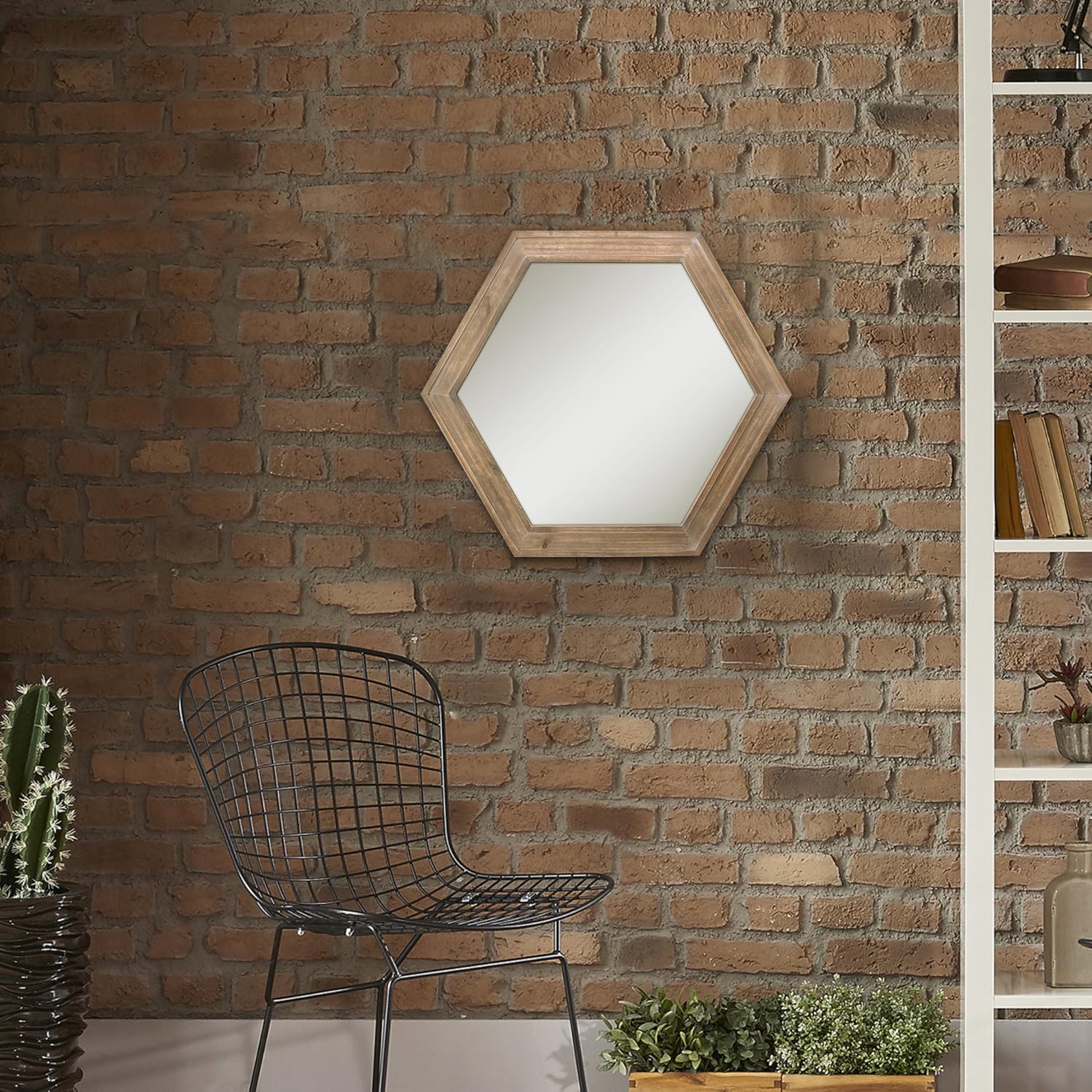 Stonebriar Decorative 24" Hexagon Hanging Wall Mirror with Natural Wood Frame and Attached Hanging Bracket, Rustic Farmhouse Decor for the Living Room, Bathroom, Bedroom, and Entryway: Home & Kitchen