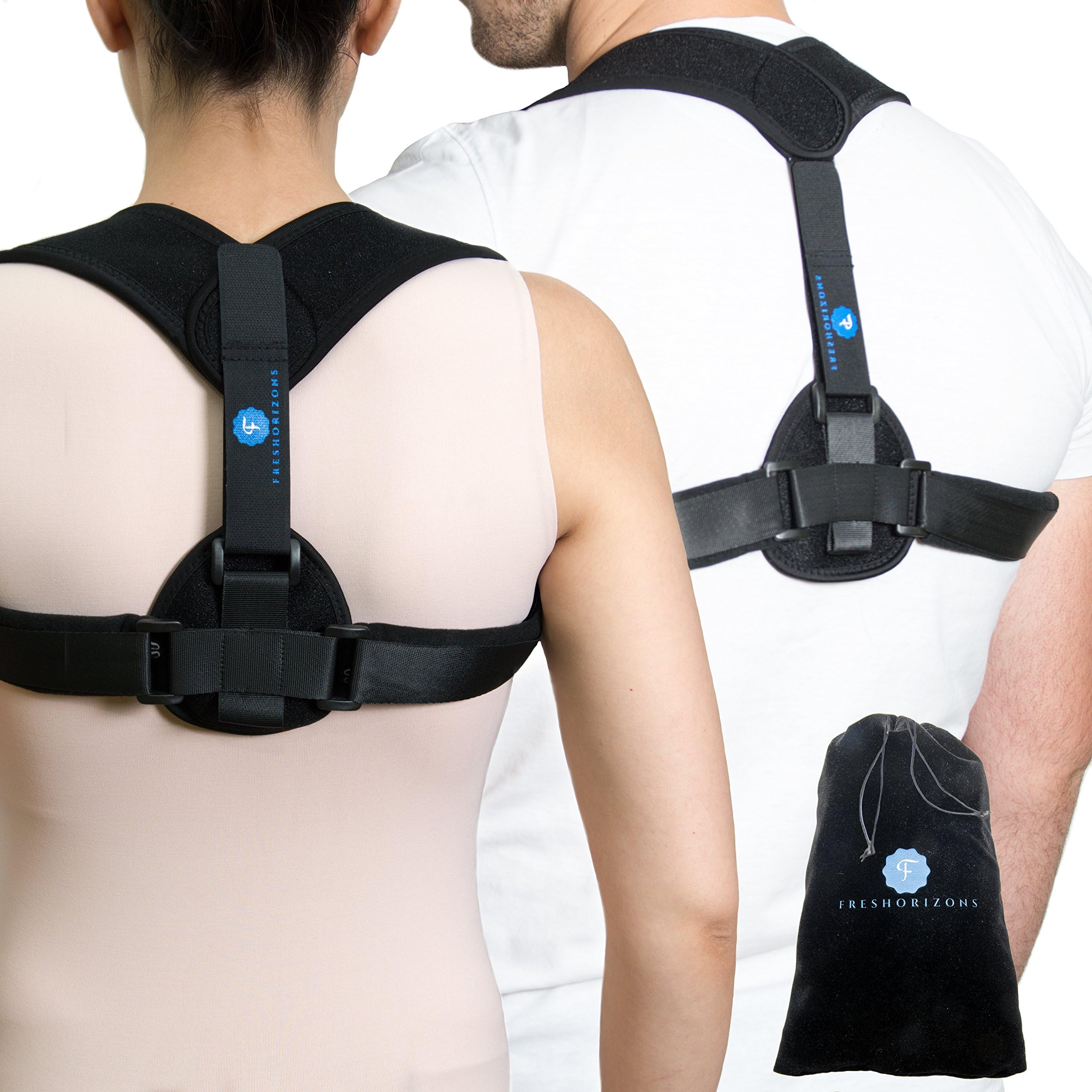 Exclusive-Designed by an UK pharmacist-Posture corrector–Extra padding for more comfort–Easy to put on&adjust by yourself-Adjustable clavicle back brace support for Men&women–two sizes–FREE travel bag