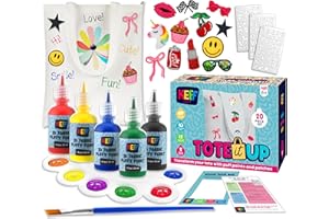 KEFF Decorate Your Own Tote Bag Kit - Crafts for Kids Ages 8-12 with Tote Bag, 12 Embroidered Patches, 5 Colors Fabric Paint (Puff Paint), Paint Brush, Palette, 3-Style Letter Stencils & Instructions