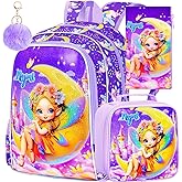 KLFVB 3PCS Girls Backpack, Water Resistant Kids Bookbag with Lunch Box, 16" Preschool Backpacks for Elementary - Fairy Purple