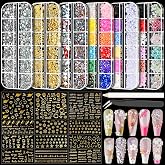 CUBLIVE Nail Charms Art Kit with 30 Sheets Gold Nail Stickers and 6 Boxes of Nails Gems with Manicure Art Tools for 3D Nails Supplies DIY Charms and Rhinestones
