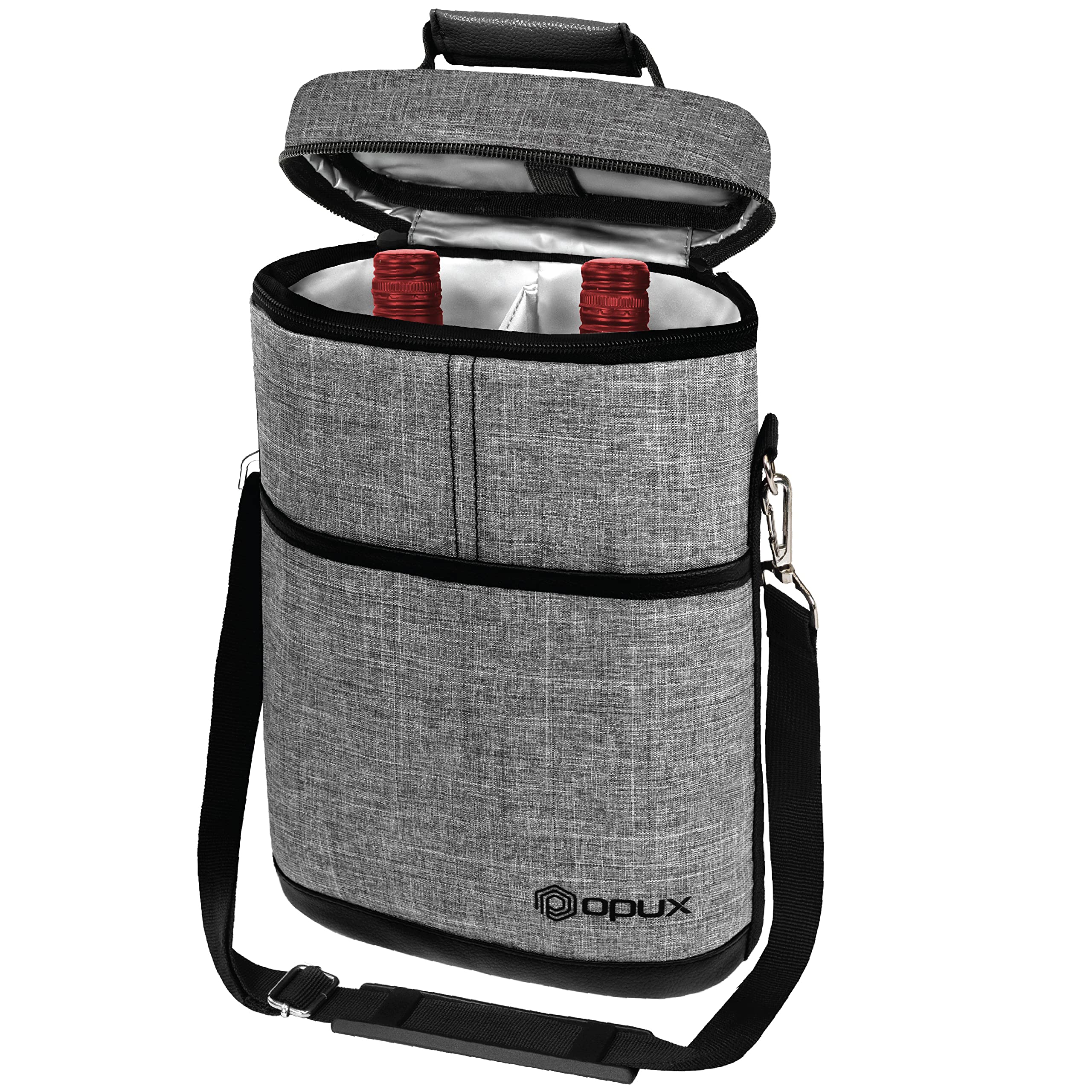 OPUX 2 Bottle Wine Carrier Tote, Insulated Wine Cooler Bag, Leakproof Travel Wine Tote for Picnic Travel BYOB, Padded Portable Wine Bottle Carrier, Gift for Wine Lover Women, Heather Grey