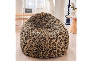 XeGe Faux Fur Leopard Print Bean Bag Chair Cover (No Filler), Fluffy Stuffed Animal Storage Cheetah Bean Bag Home Decor, Furry Fuzzy Big Beanbag Cover for Adults Teens Kids Girls, Anti-slip, Brown