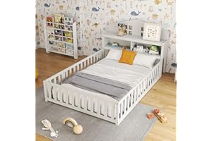 HUMEHA Full Size Montessori Floor Bed with Headboard Bookcase and Storage Shelves, Kids Full Floor Bed Frame with Door and Guardrails for Bedroom, Wooden Playhouse for Boys Girls Teens, White