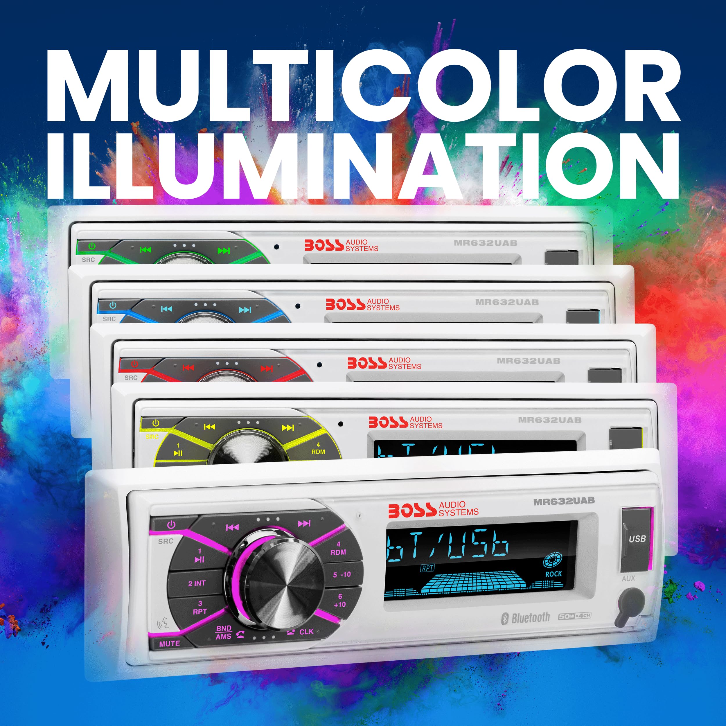 Boss Audio Systems MR632UAB Marine Receiver – Weatherproof, Bluetooth Audio and Hands-Free Calling, USB, MP3, AM/FM, Aux-in, No CD Player, RGB Multi-Color Illumination, Detachable Front Panel, white