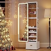 Lvifur Jewelry Cabinet with LED Mirror - Side Sliding Door Jewelry Armoires for Bedroom,Standing Jewelry Organizer with Full Length Mirror&3 Photo Frames&Drawer&Movable Wheels for Cloakroom,White