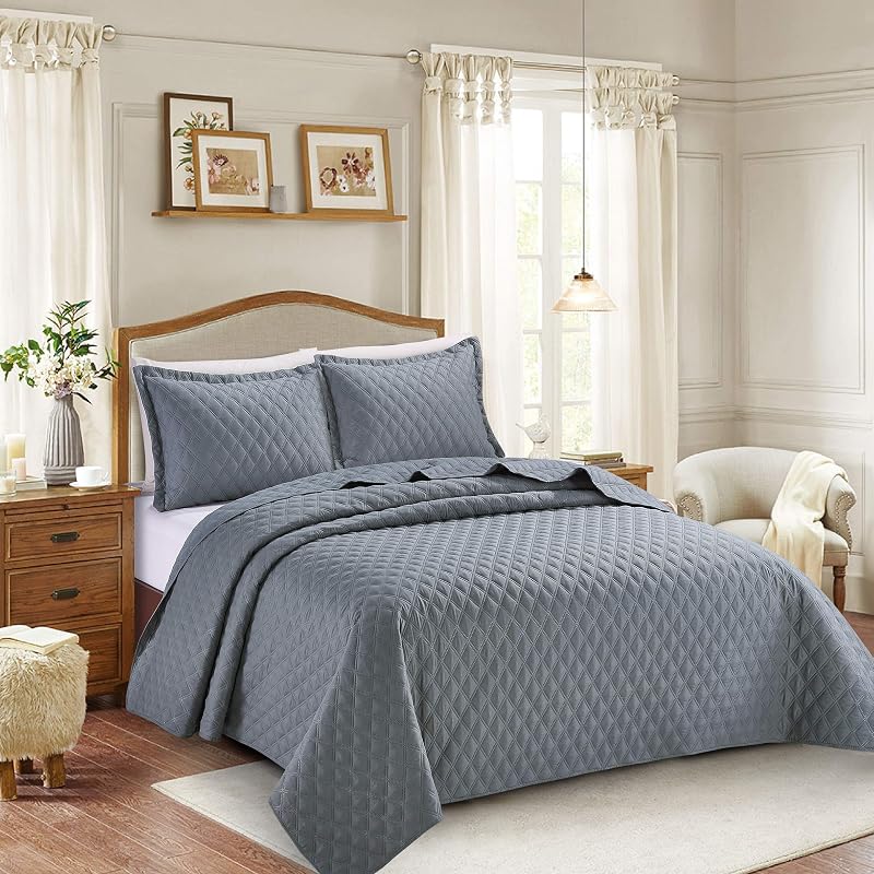 Prime Linens 3 Piece Inspiration Quilted Bedspread Grey King Set