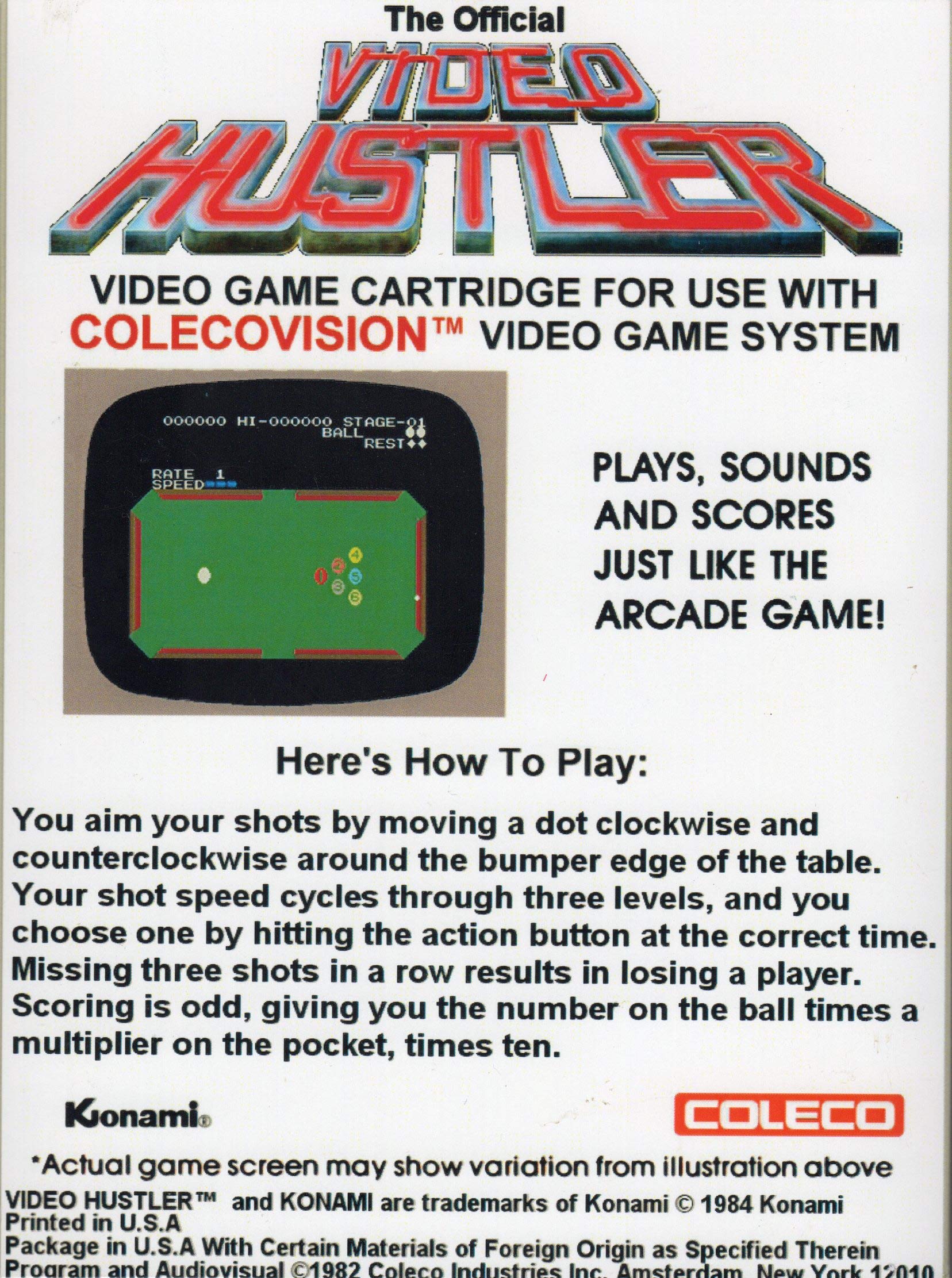 VIDEO HUSTLER COLECOVISION