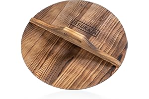 YOSUKATA Cast Iron Wok Cover - Premium Wok Cover 14 inch Pan Lid - Wooden Wok Lid 14 in with Ergonomic Handle - Condensate-free 14 inch Pan Lid - Durable Wok Accessories for Genuine Asian Cooking