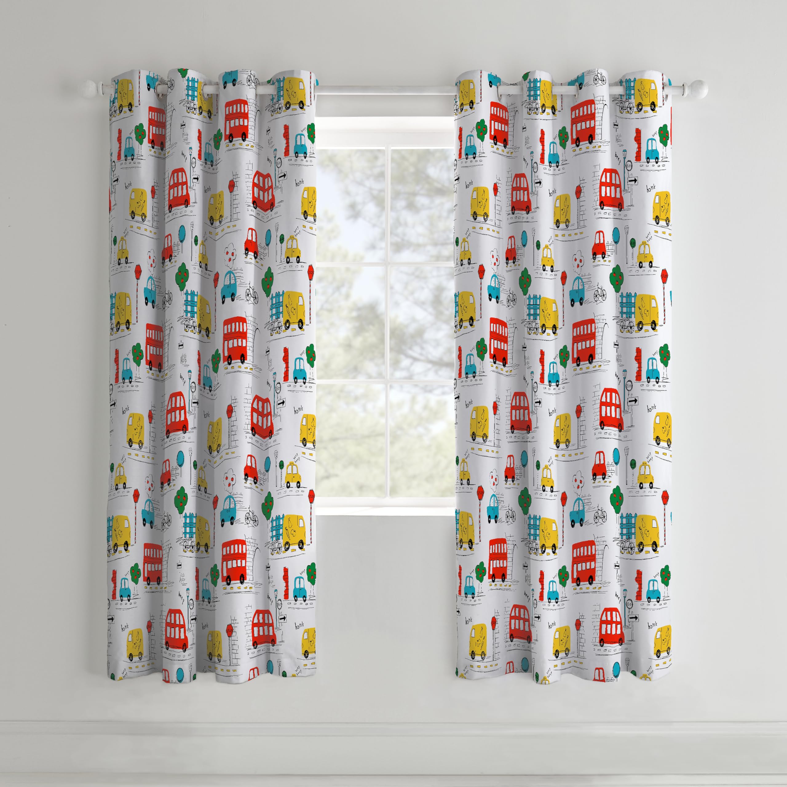 Catherine Lansfield Kids Transport 66x72 Inch Lined Eyelet Curtains Two Panels White