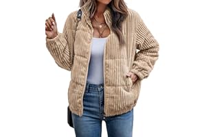 Angashion Women's Bomber Jacket Corduroy Ribbed Quilted Zip Up Long Sleeve Winter Coat Fall Outerwear Tops with Pockets