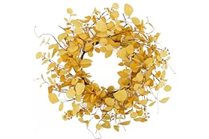 KORSMV 20 inch Artificial Fall Eucalyptus Wreath for Front Door with Yellow Eucalyptus Leaves,Dry Vine Branches for Front Door Indoor Outdoor Farmhouse Home Wall Window Festival Decor