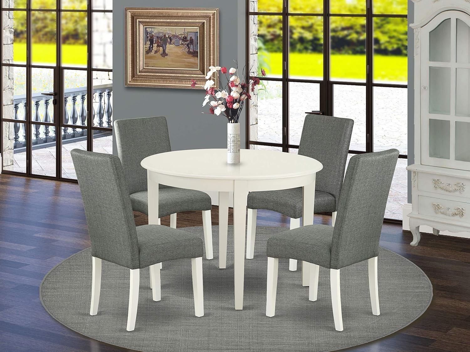 East West Furniture Dining Nook Table Set 5 Pc - Grey Linen Fabric Kitchen Chairs - Linen White Finish 4 legs Solid Wood Round Wood Dining Table and Frame