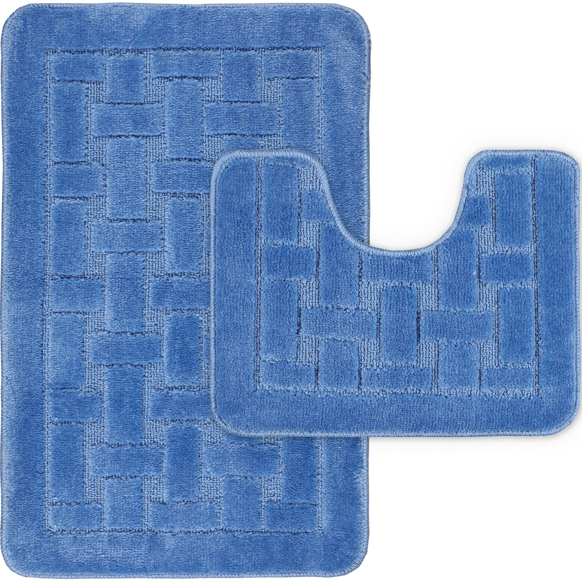 LS DECOR Luxury 2 Piece Block Bath Mat Set Non Slip Ultra Soft Bathroom Mats Water Absorbent Bath Mats Machine Washable Rug Toilet Mat for Bathroom Floor (BLUE)
