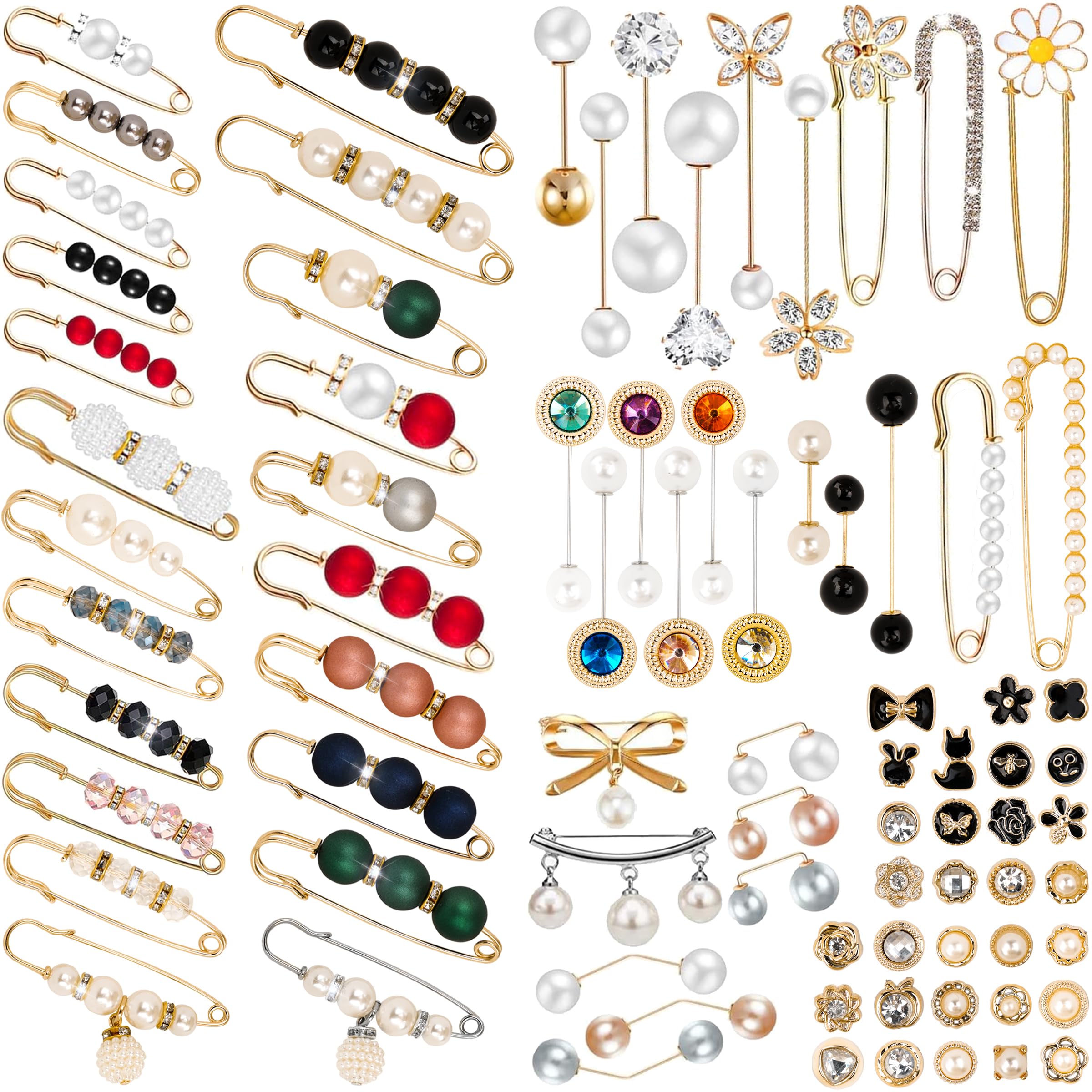 80 Pcs Brooches and Pins for Women, Pearl Brooch, Pant Waist Tightener Safety Pin Double Faux Pearl Brooches for Women Fashion Cover Up Buttons Clothing Dresses Decoration Accessories