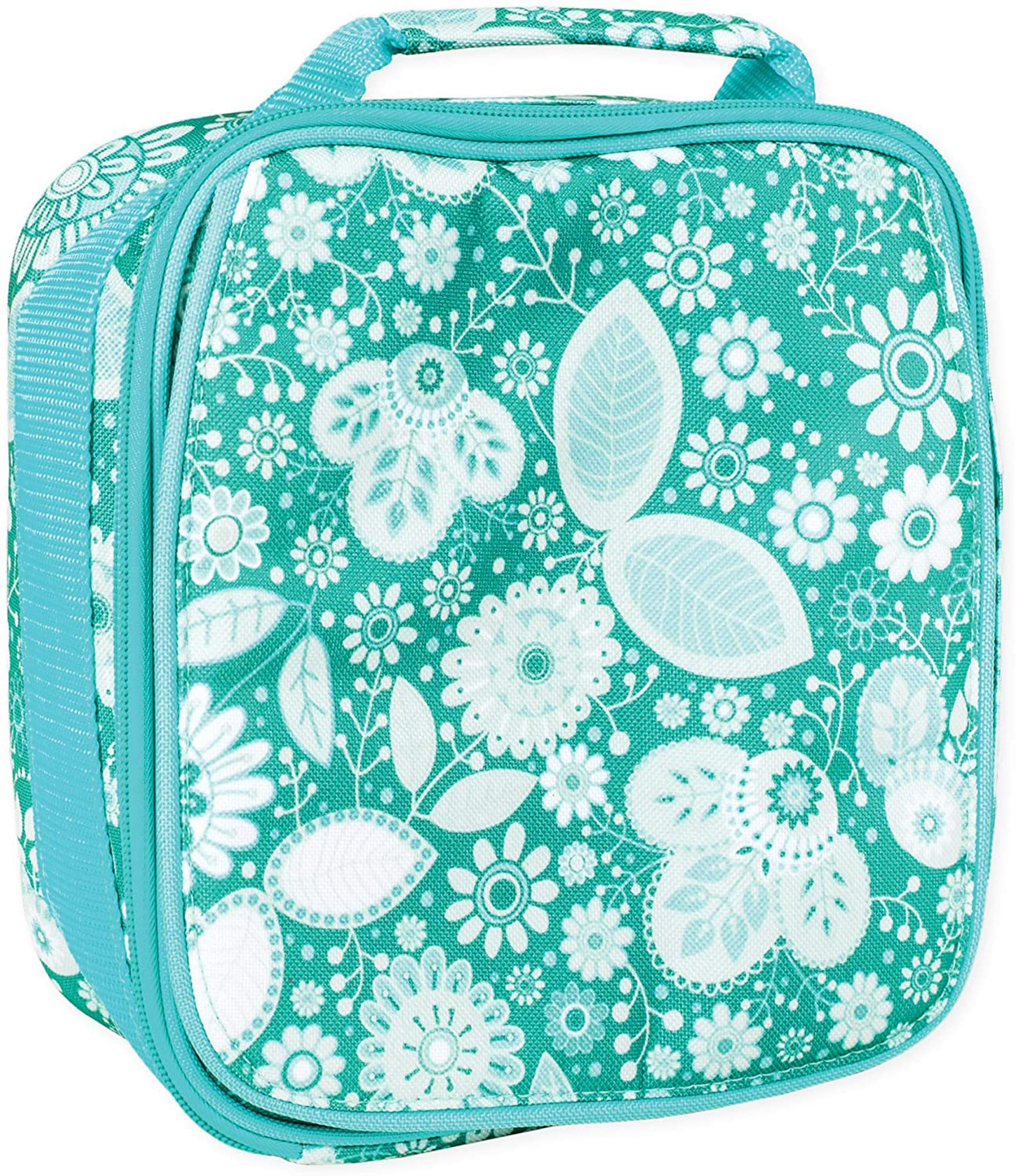 Class Collections Teal Floral Motif Water Resistant Zipper Closure Insulated Soft Cooler Lunch Bag