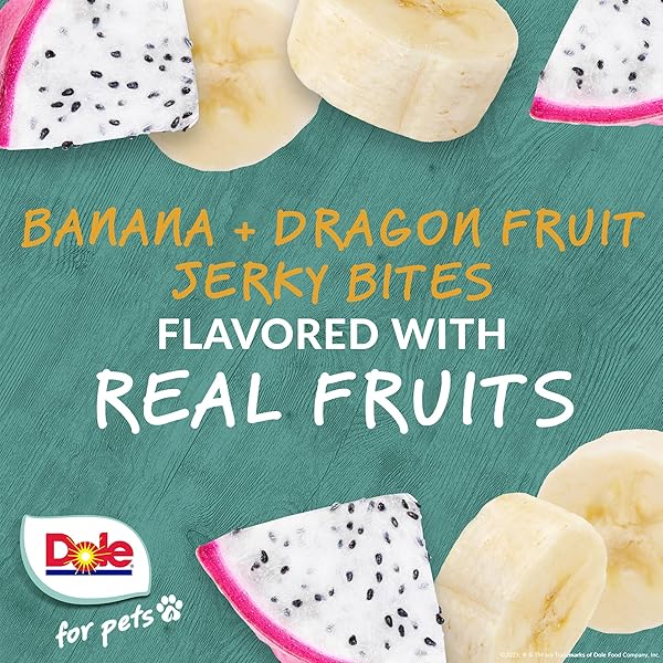 DOLE FOR PETS FRUIT JERKY BITES DOG TREATS, BANANA AND DRAGON FRUIT FLAVOR, CHEWY TREATS FLAVORED WITH REAL FRUIT, NO WHEAT, CORN, SOY, ARTIFICIAL FLAVORS, COLORS, OR PRESERVATIVES, 6 OZ