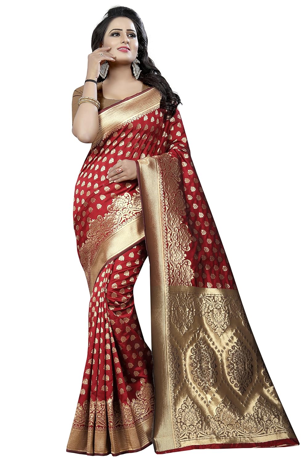 Red Kanchipuram Cotton Silk Printed Saree With Blouse Piece