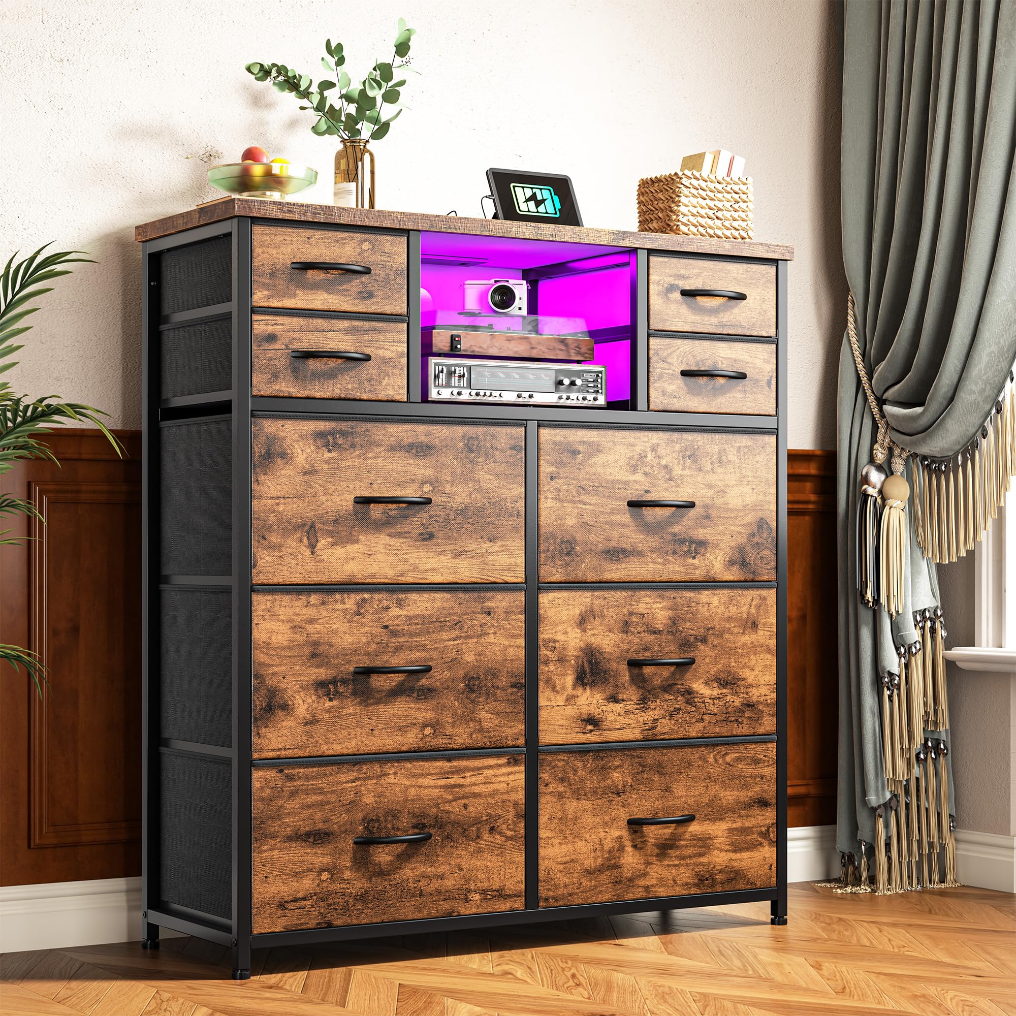 Romorgniz Dresser for Bedroom with 10 Drawers Featuring LED Light and Power Outlet, Fabric Dressers & Chest of Drawers with Open Shelves for Hallway, Living Room, Steel Frame,Wood Top, Rustic Brown