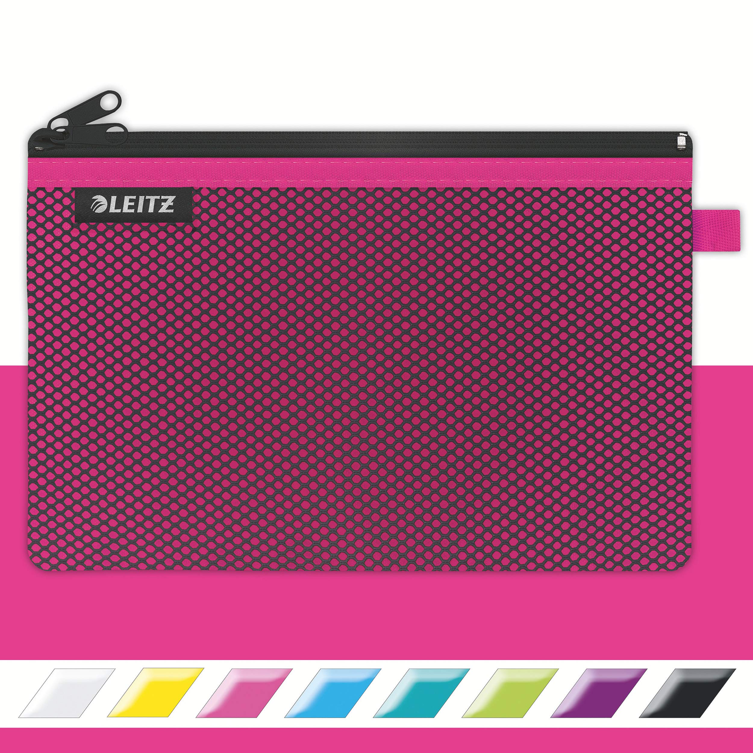 Leitz Wow 2-Pocket Pencil Case, Nylon Zip, Washable, Ideal Storage, Large (23x15cm) - Pink