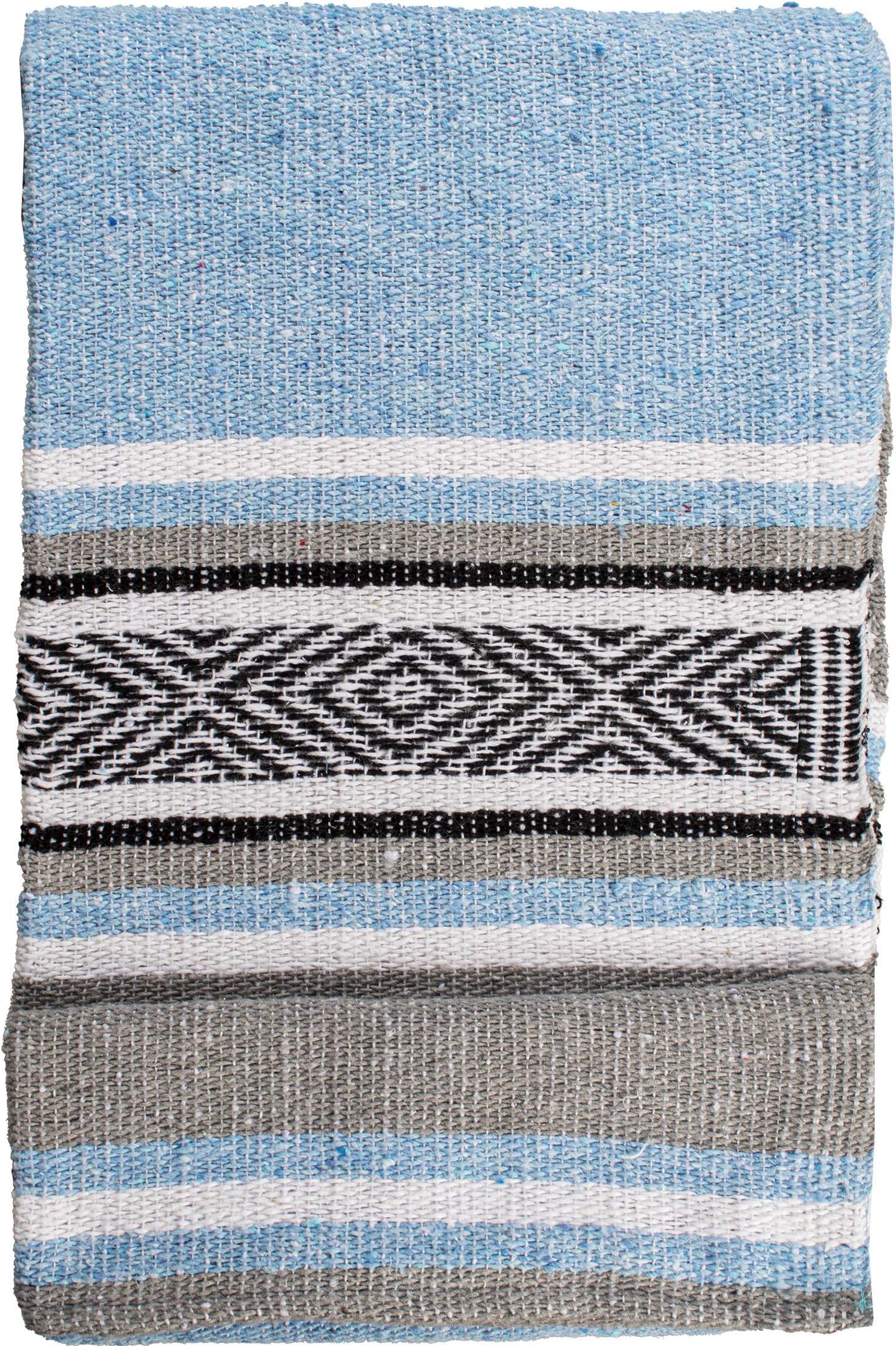Genuine Mexican Handwoven Premium Large Heavyweight Falsa Serape & Yoga Blanket | Beach & Picnic Throw Blanket (Traditional, Cielo)