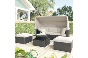 EMKK Patio Furniture Rectangle Daybed, Outdoor Rattan Sofa Sectional Conversation Set Separates Cushioned Seats for Backyard, Beige Retractable Canopy