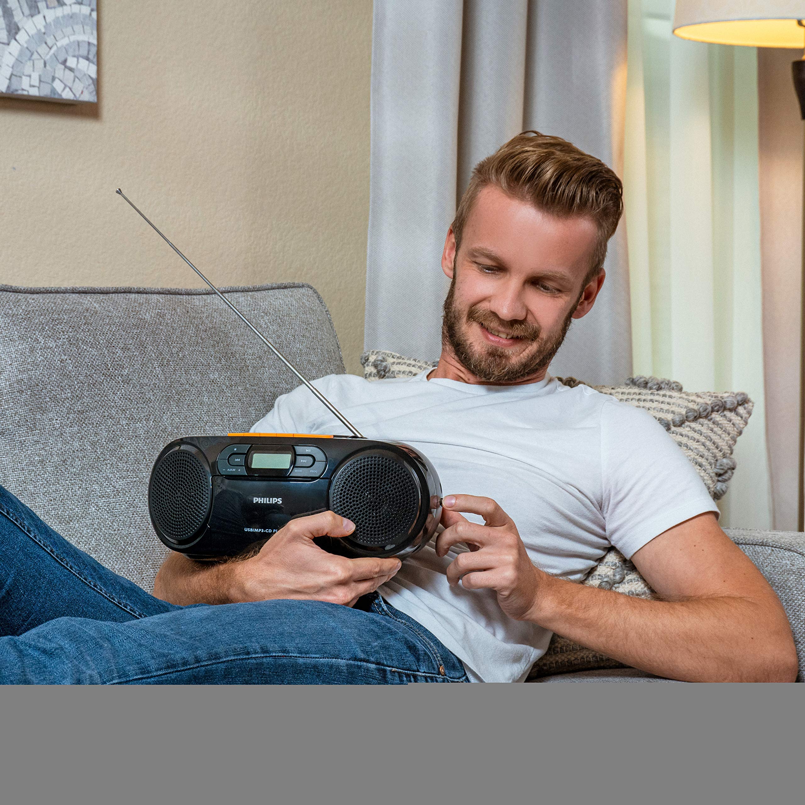 PHILIPS Portable CD Player Boombox - Portable MP3 Player and Cassette Tape Player, Boom Box Compact Stereo Sound System with Dynamic Bass Boost, Take Your Music Outside with USB HiFi Music Player