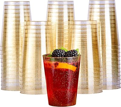 MATANA 50 Premium Clear Gold Glitter Plastic Cups 280ml 10oz