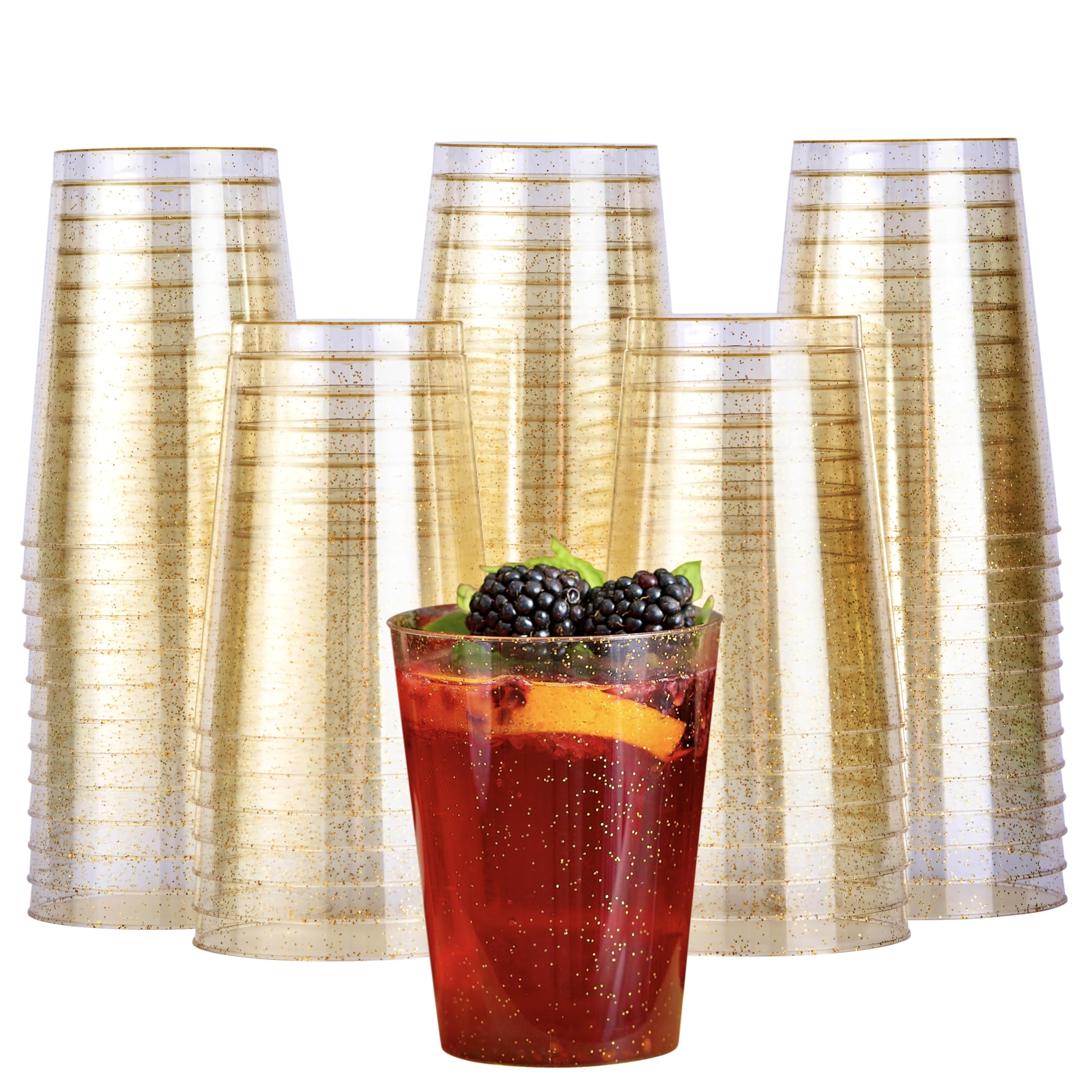 MATANA 50 Premium Clear Hard Plastic Cups with Gold Glitter, Gold Party Cups (280ml / 10oz) - Reusable Glasses, Tumblers for Drinks, Cocktail, Dessert, Wine, Champagne, Wedding, Birthdays, Parties