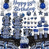 205 Pcs 18th Birthday Decorations for Boys, Blue and Black Birthday Decorations Set Serves 25 Guests, Including Balloons, Banner, Cake Toppers, Plates and Napkins, Tablecloth for Happy 18th Birthday